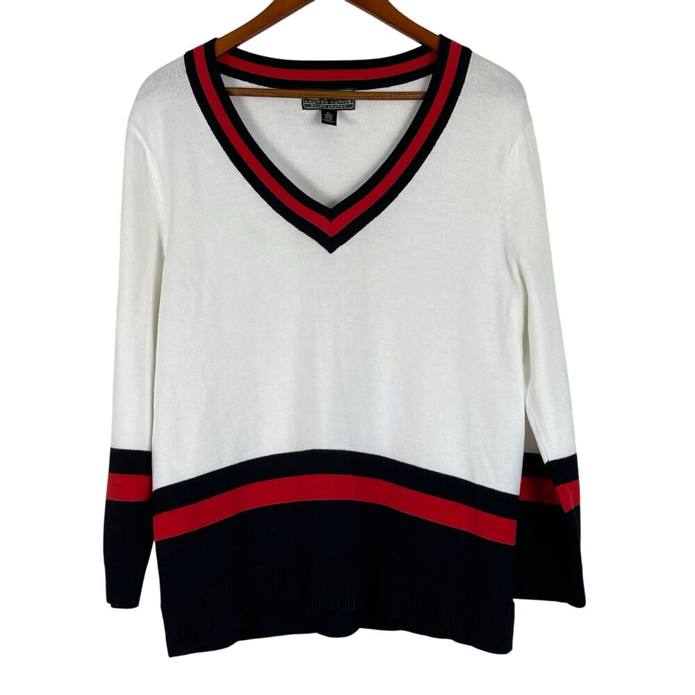 Ralph Lauren Active 100% Cotton Red Black White V-Neck Preppy Tennis Sweater XL